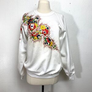 Vintage 80s Up-Designed Hand Painted Sweatshirt Large White Colorful Jerzee USA